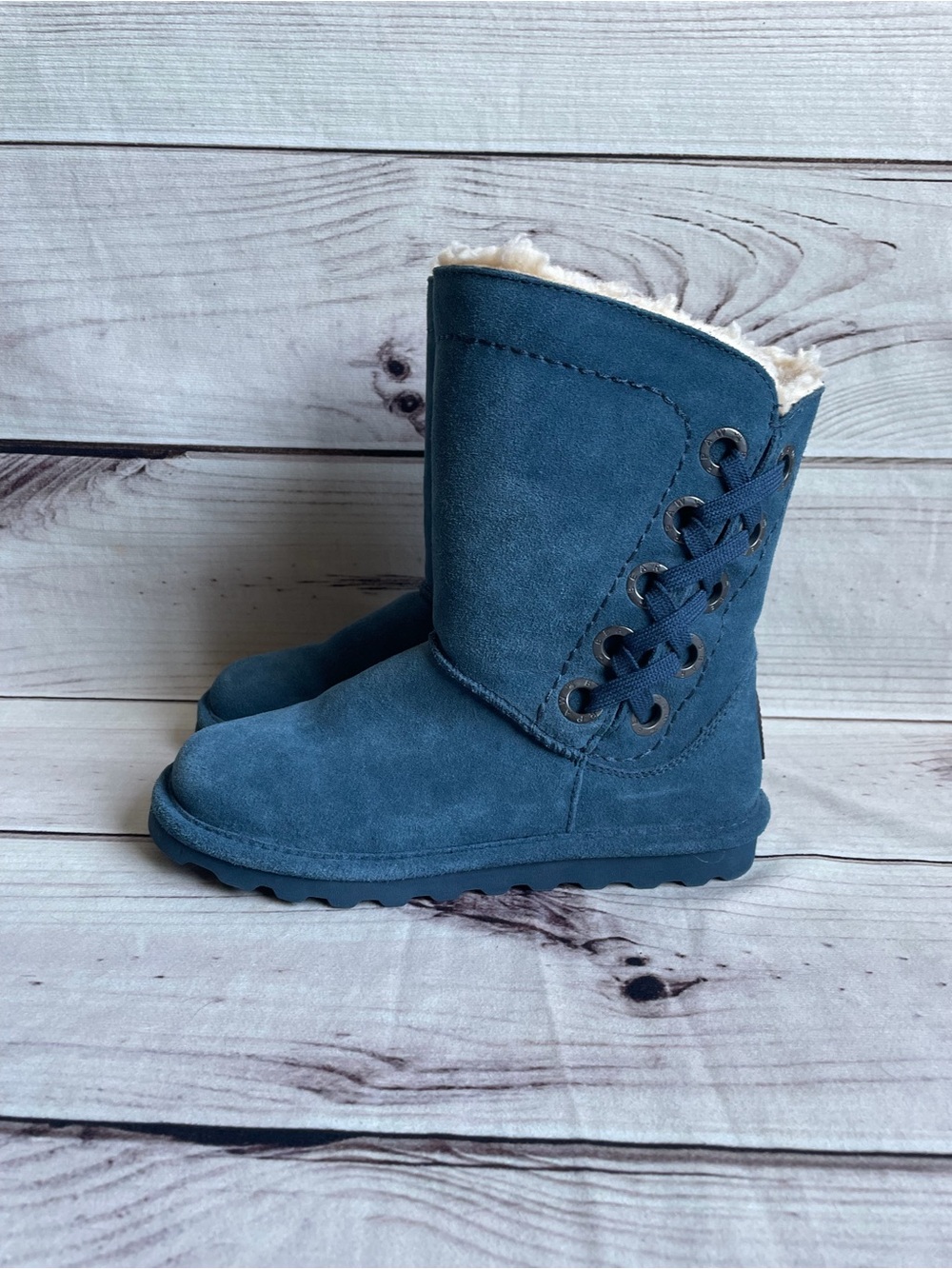 BEARPAW Morgan Blue Suede Boots Sheepskin Lined - Size 7 Like New